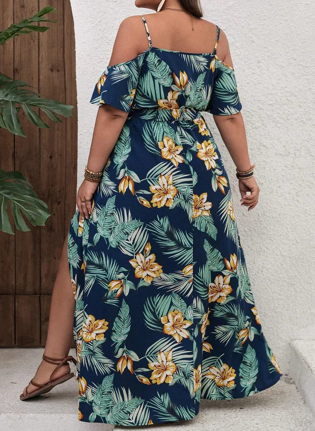 Plus Size Large Size Fashion Floral Print Women's Strap Dress Comfortable Casual Long Skirt Polyester Fabric Commute Style Th...