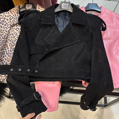 YOLOAgain Wide Shoulder Real Leather Jacket Women Oversized Genuine Leather Cropped Jacket