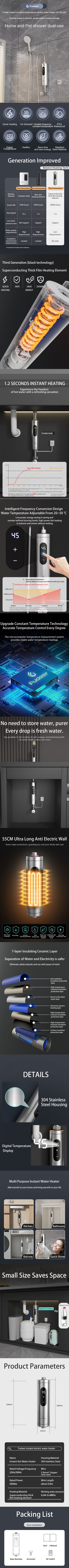 Fudeer Water Heater Electric Instant Water Heater for Sink Stainless Steel Hot Water Heater Under Sink 5500W for Kitchen