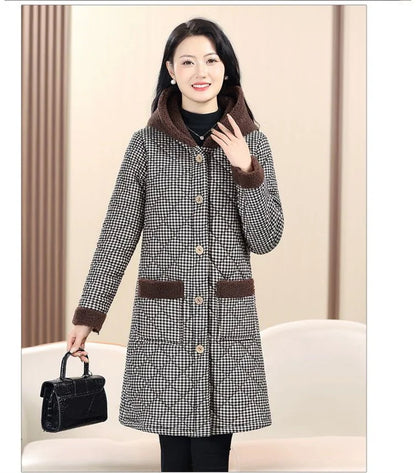 Winter Coat New Vintage Velvet And Thickening Single breasted Cotton Coat for Women Fit Cotton Clip Warm Long Parka Plaid Coat