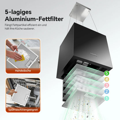 Island Hood 700/800m³/h, A+ Energy, 5-Layer Filter, LED, Ductless, Black, CE, Push Button