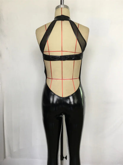 Women Centre Mesh Splice Backless Jumpsuit Glossy Patent Leather Temptation Uniform Tight Stretch Pencil Pants Nightclub Rompers