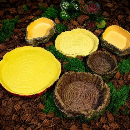 Multi-functional Reptile Feeding Bowl Multicolor Tree Stump Shape Crawler Water Basin Faux Stone Leak Proof