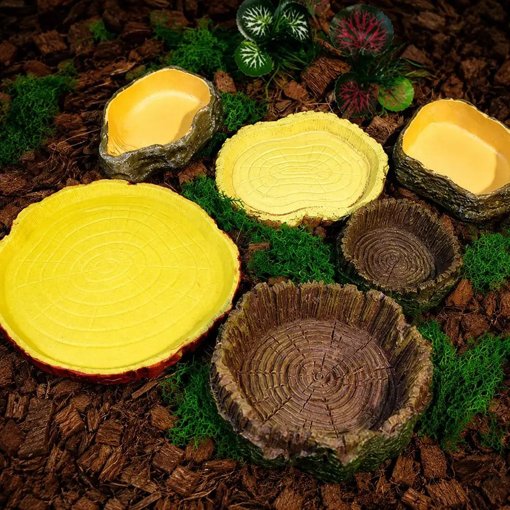 Multi-functional Reptile Feeding Bowl Multicolor Tree Stump Shape Crawler Water Basin Faux Stone Leak Proof