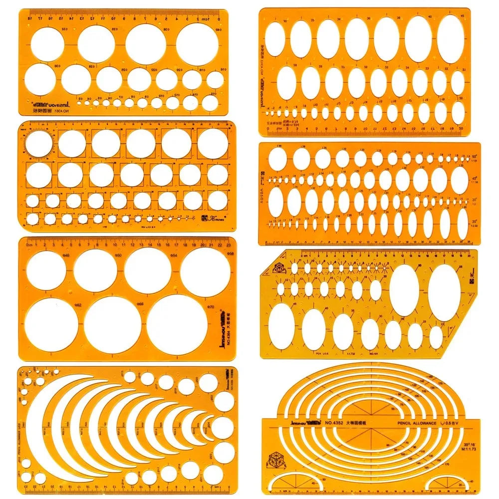 Geometric Drawing Template Set With Measuring Ruler - Yellow Transparent Plastic Tools+Bonus PE Zipper Bag - For Architecture