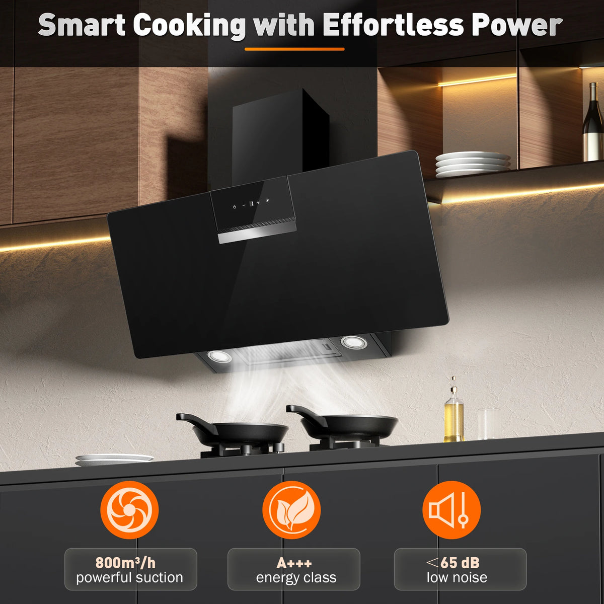 90cm Wall Mounted Cooker Hood 800m³/h A+++ LED Touch Control, Black Glass - Recirculation/Exhaust Option