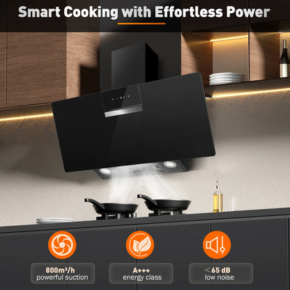 90cm Wall Mounted Cooker Hood 800m³/h A+++ LED Touch Control, Black Glass - Recirculation/Exhaust Option