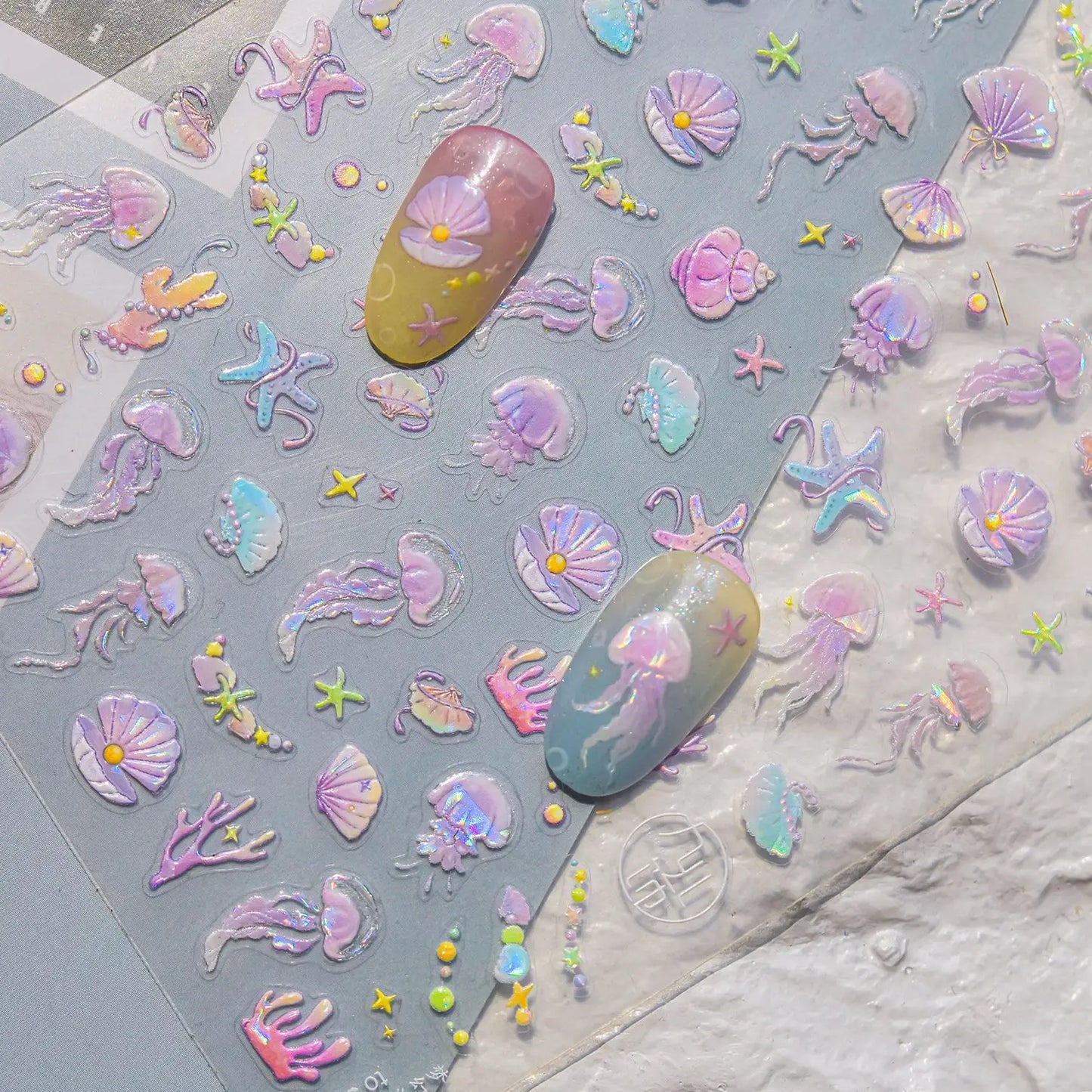 Colorful Bagful Jellyfish Bubbles Swimming Rings Rainbow Stars Ocean Starfish Self Adhesive 5D Nail Art Sticker Manicure Decal