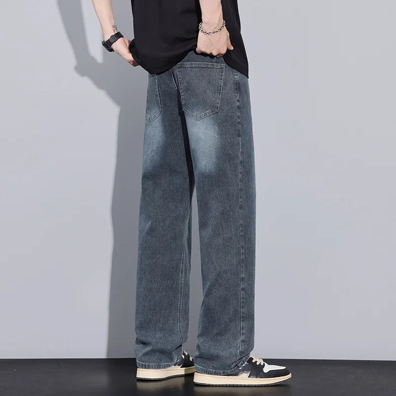 New Arrival American Vintage Wide Leg Elastic Denim Pants for Men Loose Straight Fit Flowy Versatile Casual Pants