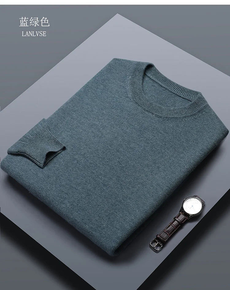 Classic Solid Color Men's O-neck Sweater Autumn Winter 100% Merino Wool Knitted Pullover Long Sleeve Warm Loose Casual Men Tops