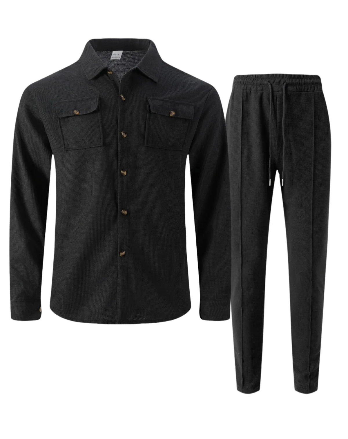 New autumn style waffle long-sleeved solid-color double-pocket buttoned cardigan shirt and pants set