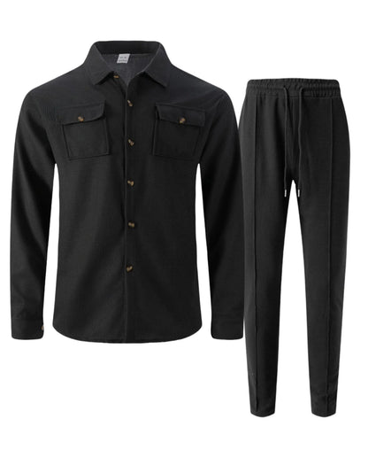 New autumn style waffle long-sleeved solid-color double-pocket buttoned cardigan shirt and pants set