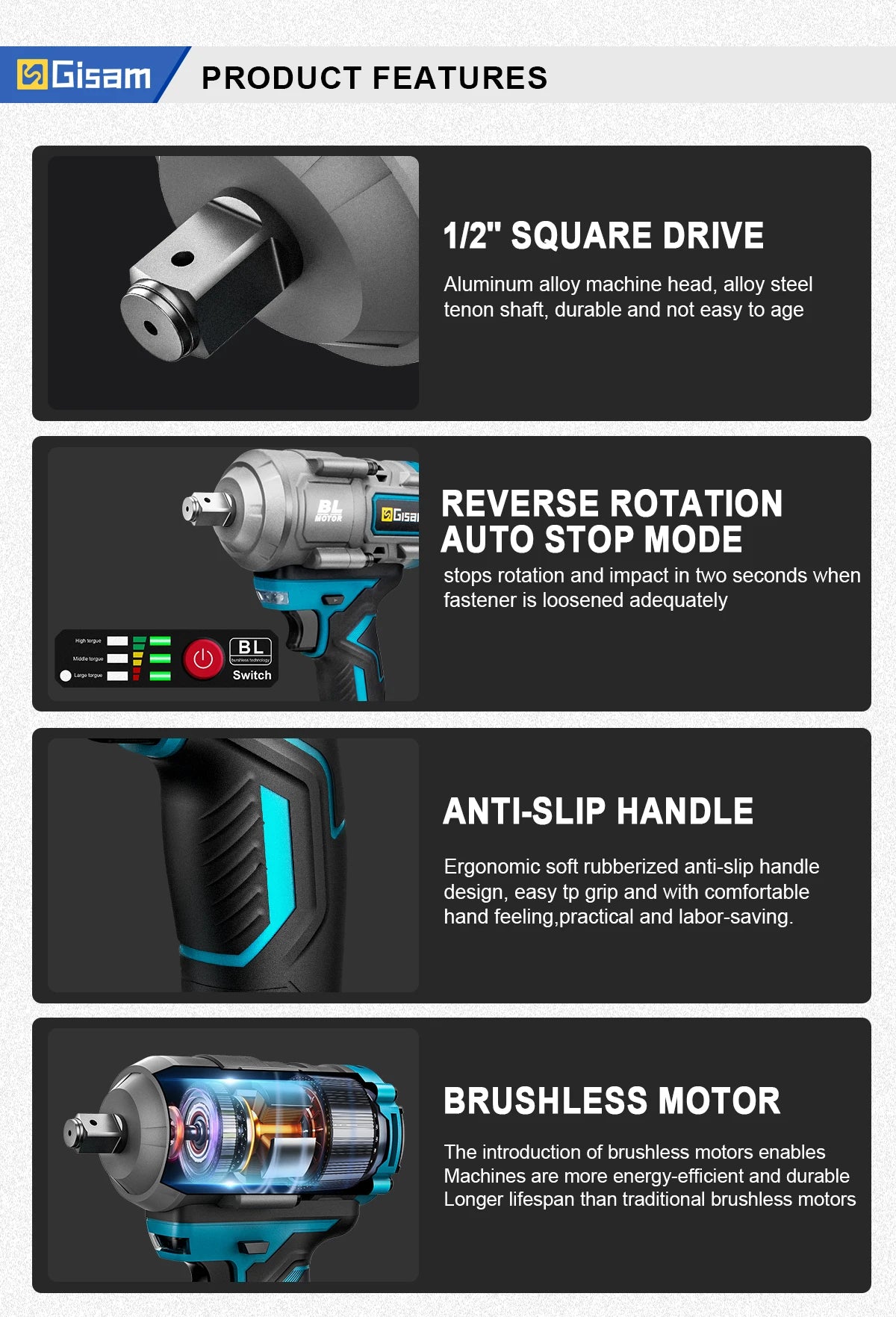 Gisam 2000N.m Brushless Impact Wrench 1/2" Repair Cordless Screwdriver 5Gear Hexs Socket Adapter Kit for Makita 18V Battery Pins