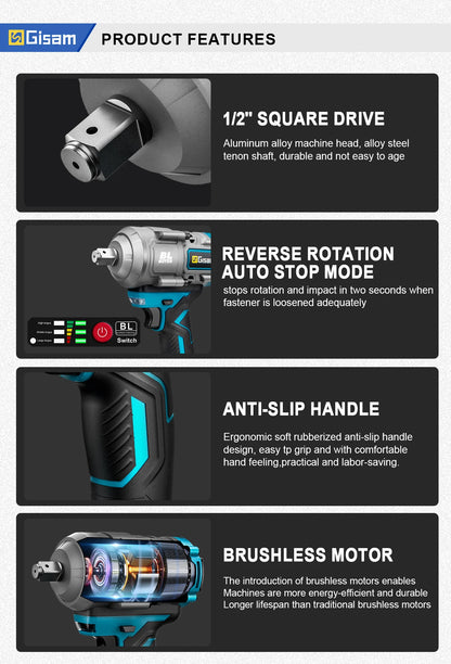 Gisam 2000N.m Brushless Impact Wrench 1/2" Repair Cordless Screwdriver 5Gear Hexs Socket Adapter Kit for Makita 18V Battery Pins