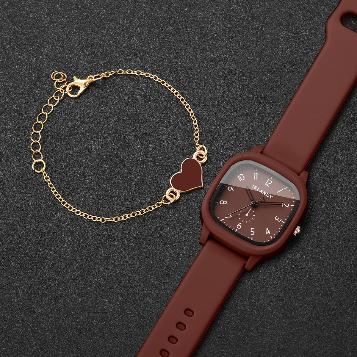 2PCS Fashion Arabic Dial Women Quartz Watch Heart Bracelet Set Square Silicone Strap Wristwatches Reloj Mujer (Without Box)