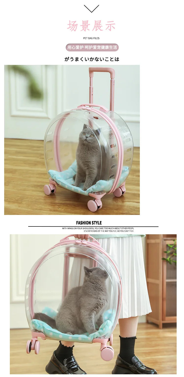 2026 Large Capacity Pet Suitcase for Two Cats Dogs Breathable Clear Wheel Portable Carry-on Luggage Pet Travel Bag