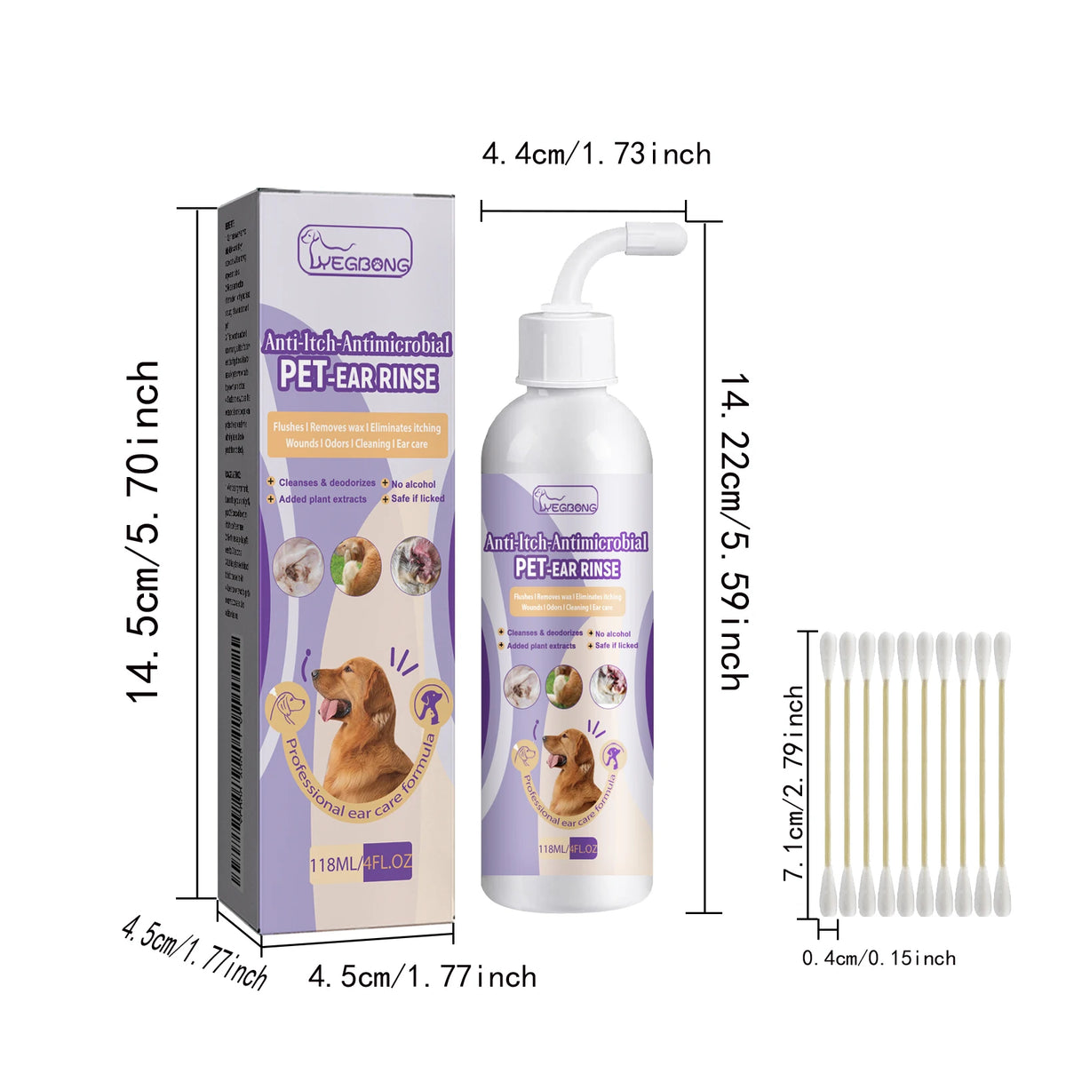 118ML Pet Ear Cleaner Kit Natural Formula Remove Earwax Eliminate Bad Odors Relief Itching Non-irritating Pet Ear Cleaning Set
