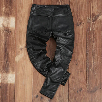 Men's Vintage Gray Black Motorcycle Style Trousers Genuine Thick Cowhide Biker's Pants Real Natural Leather Skinny Pants 4XL