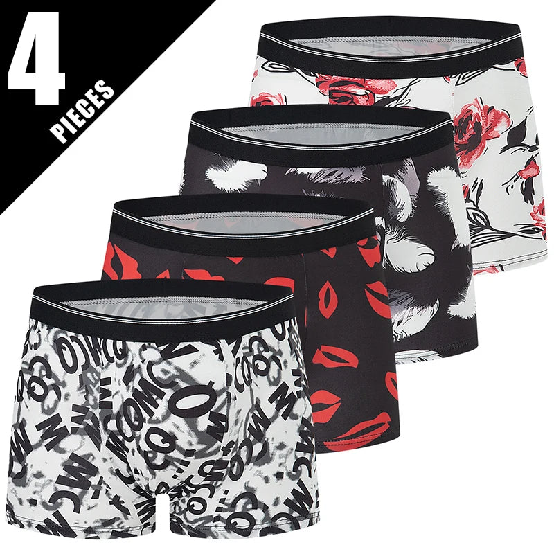 4/10piece Set Of European And American Men's Fashionable Printed Boxer Shorts Loose Oversized Elastic Waist Underwear Base Short