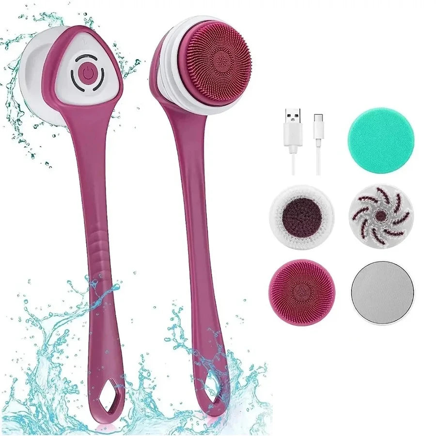 Electric Bath Brush 5-in-1 Long Handle Rechargeable Spin Body Facial Scrubber Back Rubbing Cleaning  Massage Spa Shower Brush