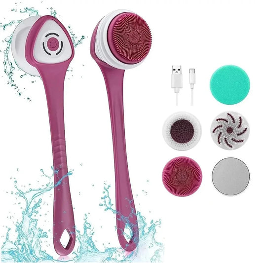 Electric Bath Brush 5-in-1 Long Handle Rechargeable Spin Body Facial Scrubber Back Rubbing Cleaning  Massage Spa Shower Brush