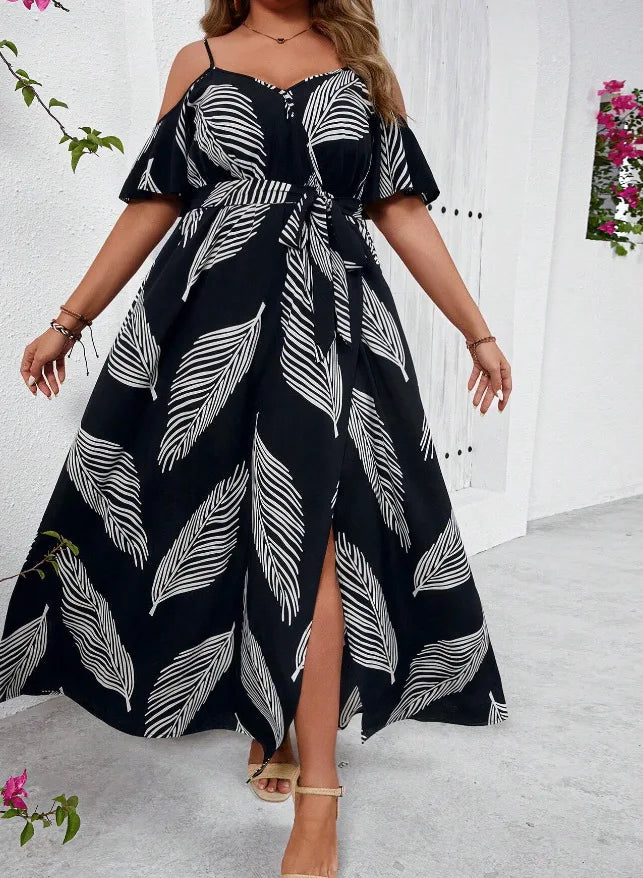 Plus Size Large Size Fashion Floral Print Women's Strap Dress Comfortable Casual Long Skirt Polyester Fabric Commute Style Th...