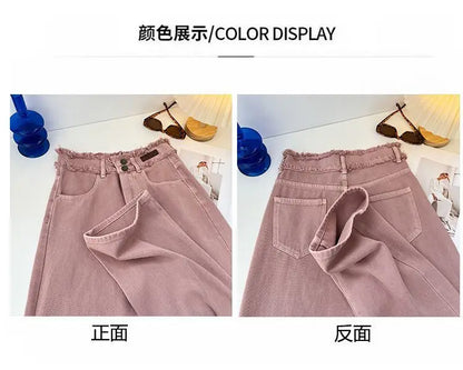 Korean Style Pink Jeans Women Spring Autumn High Waist Raw Edge Straight Denim Pants Simple Gentle All-matched Wide Leg Pants