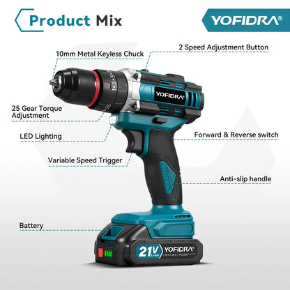 YOFIDRA 3 IN 1 25+3 Torque Electric Impact Drill  Handheld Cordless Impact Drill Woodworking Power Tool For Makita Battery Pin