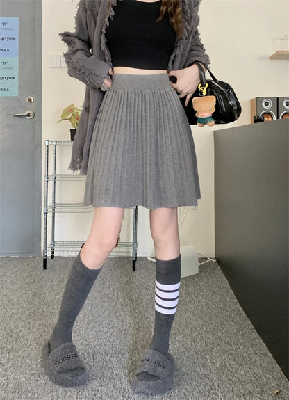 White Knitted Pleated Skirt Women Autumn Winter 2025 New High Waist Mini Skirt Lady's Fashion Korean Solid Women's Short Skirts