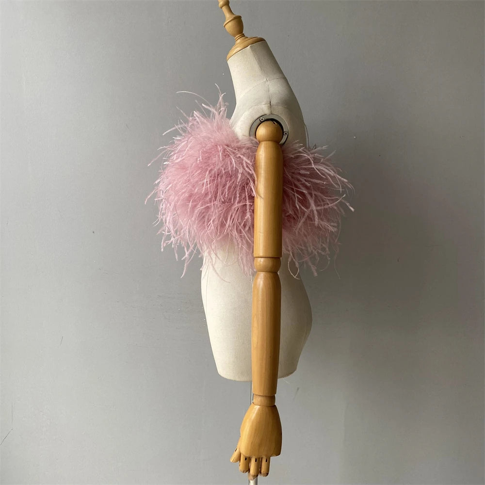 Jaxmonoy New Women Ostrich Feather Tube Spring Summer Sexy Stretch Top Bra Lady Party Wedding Fashion Sleeveless Cropped Top