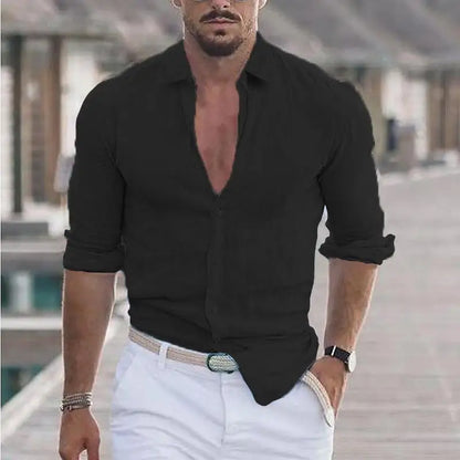 New Men's Shirt Cotton linen Fashion Casual Polo Neck Beach Shirt Long Sleeve Solid Hawaiian Holiday Shirts