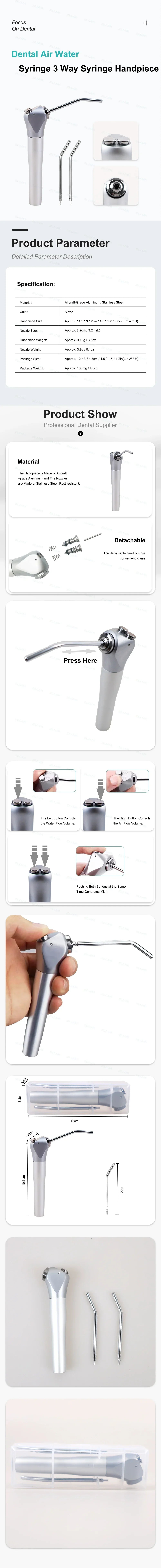 ELIJAH Dental Air Water Spray Gun Triple 3 Way Syringe Handpiece with 2 Nozzles Tips Tubes For Dental Lab Silvery Available