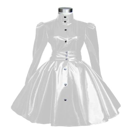 Plus Size Sweet Girl Mini Dress PVC Leather High Neck Button Pleated  A-line Dress Preppy Style Back Zipper Long Sleeve Dress