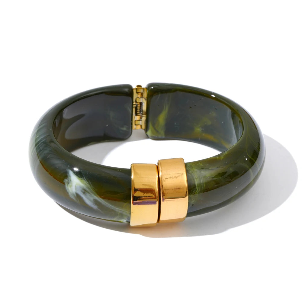 Yhpup 66mm Green Pink Brown Purple Acrylic Thick Bracelet Bangle for Women Stainless Steel Arrivals 2025 Wrist Jewelry Gift