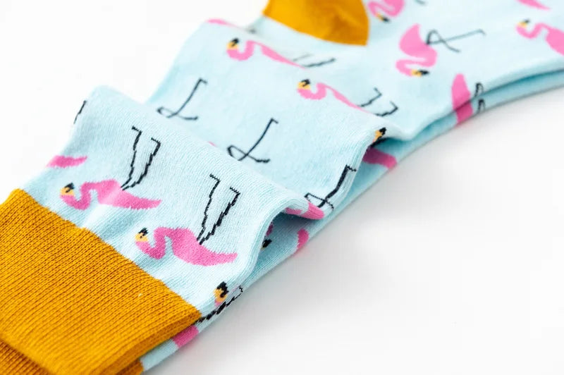 1Pair 35-44 Men Casual Cotton Sock Harajuku Cartoon Flamingo Loving Heart Cute Funny Character Japanese Socks