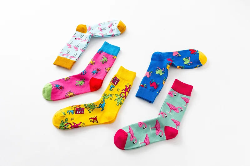 1Pair 35-44 Men Casual Cotton Sock Harajuku Cartoon Flamingo Loving Heart Cute Funny Character Japanese Socks