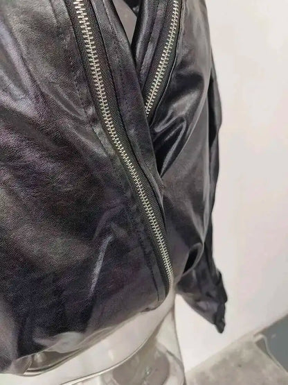 DEAT 2026 Summer New Item Fashion Double Zipper PU Leather Quilted Jacket For Women High Street Black Loose Coat Female 11A01245