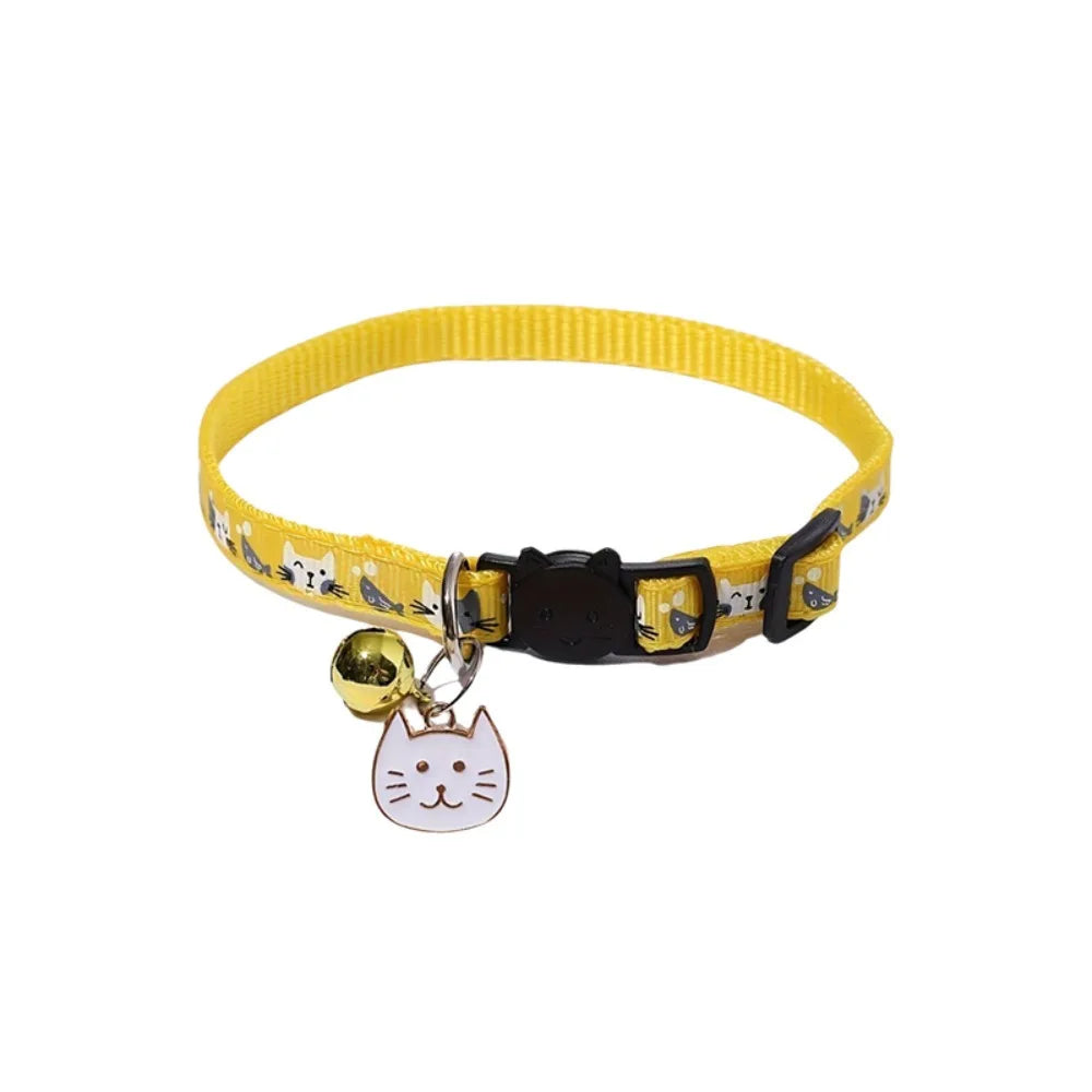 Adjustable Pet Cat Collar Quick Release Safety Buckle Anti-lost Cat Necklace Cat Pattern with Cat Face Pendant Bell