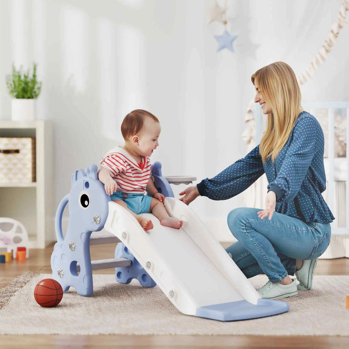 3 in 1 children's giraffe slide, basketball hoop ball, blue, children's slide, toy slide, children's toy slide, outdoor slide, slide