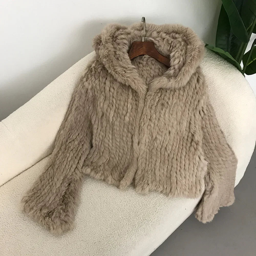 2024 Short Rabbit Fur Coat for Women Autumn Winter New Encrypted Thickened Handmade Double-sided Woven Hooded Korean Style