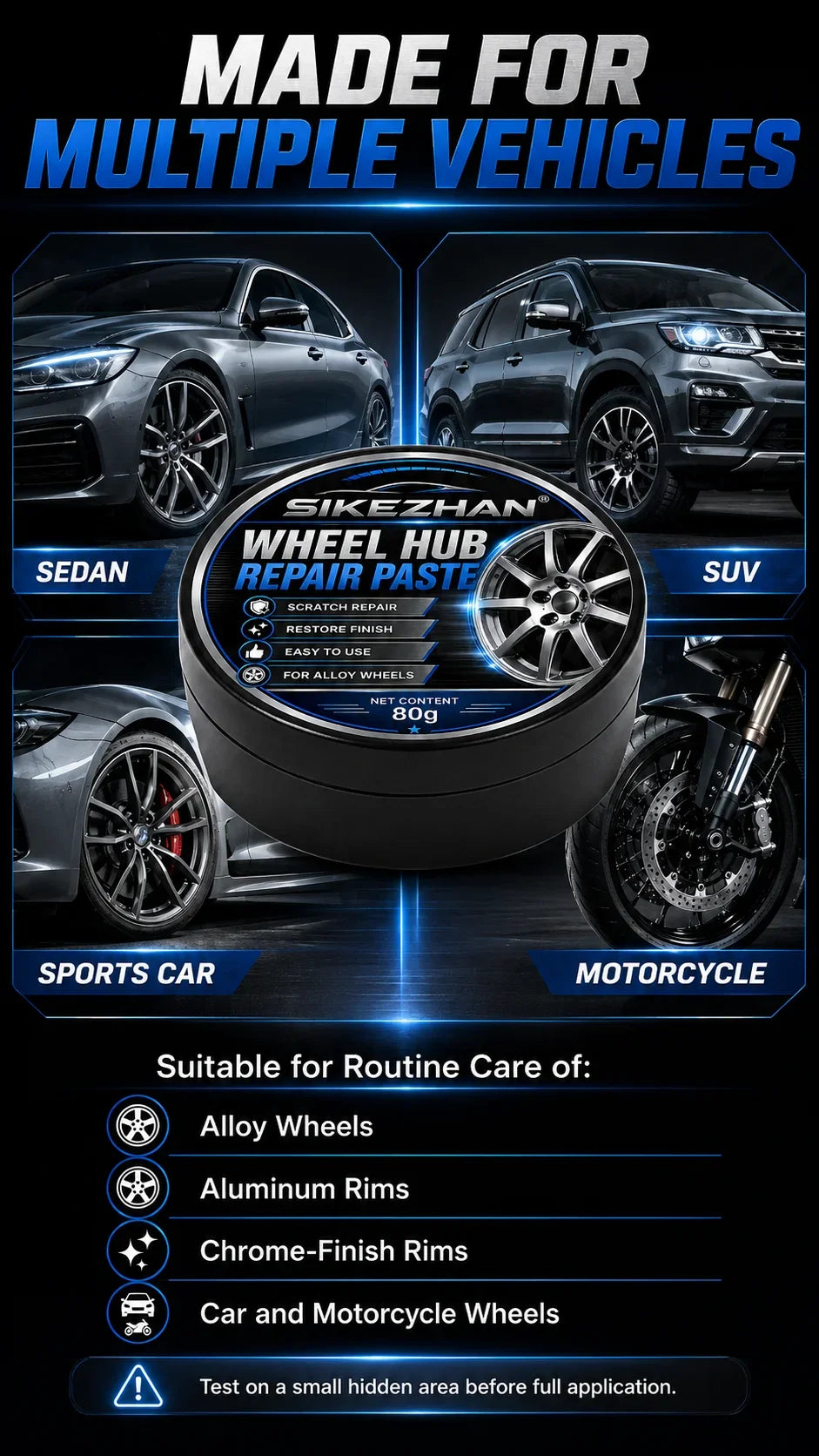 Car Wheel Hub Repair Paste, Scratch & Oxidation Remover, Color Restorer & Polish Wax Cleaner for Alloy Chrome Rims & Tires (80g)