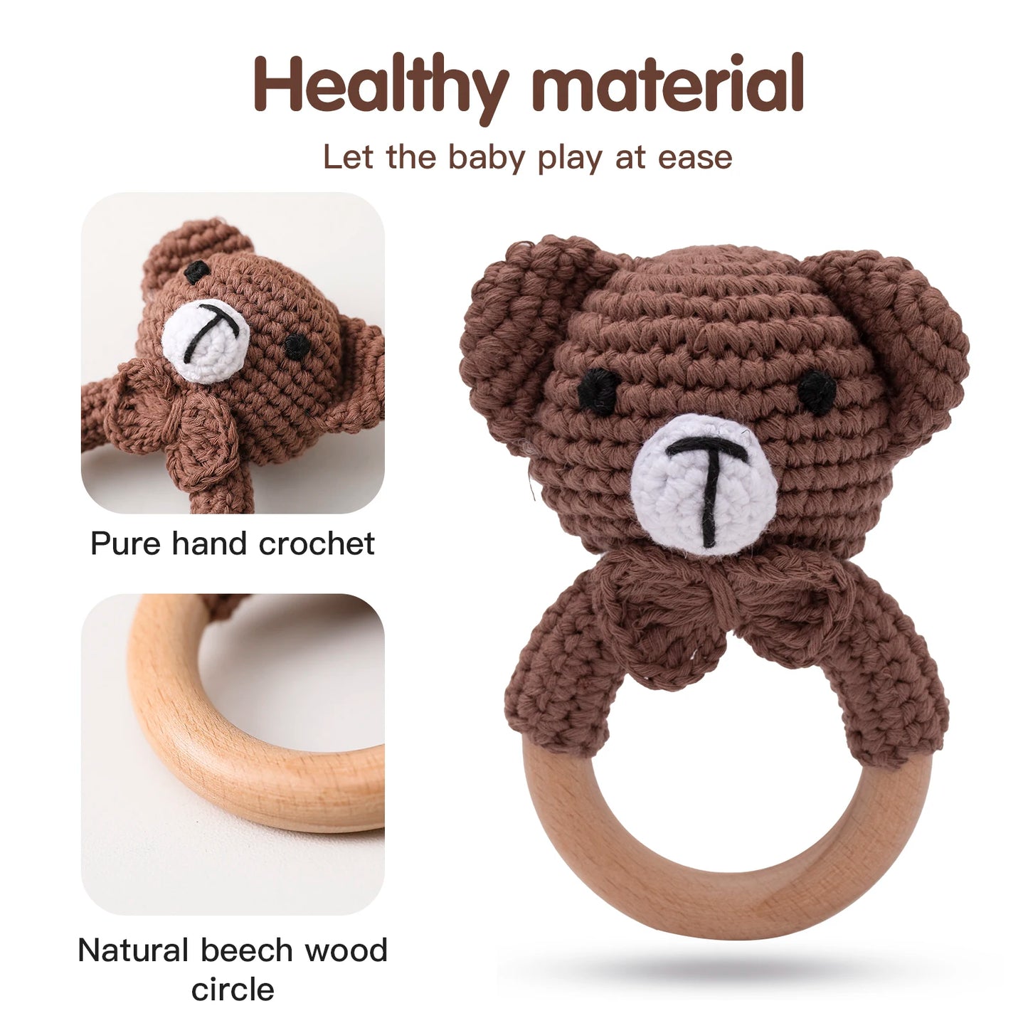1pc Baby Teether Music Rattles for Kids Animal Crochet Rattle Elephant Giraffe Ring Wooden Babies Gym Montessori Children's Toys