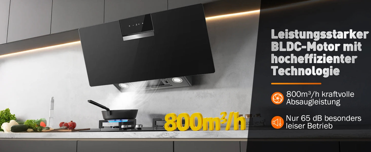 90cm Wall Mounted Cooker Hood 800m³/h A+++ LED Touch Control, Black Glass - Recirculation/Exhaust Option