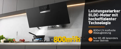 90cm Wall Mounted Cooker Hood 800m³/h A+++ LED Touch Control, Black Glass - Recirculation/Exhaust Option