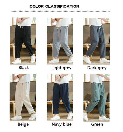 Streetwear Men Cotton Trousers Casual Solid Color Long Pants Breathable Drawstring Straight Pants Harem Pants Men Baggy Pants