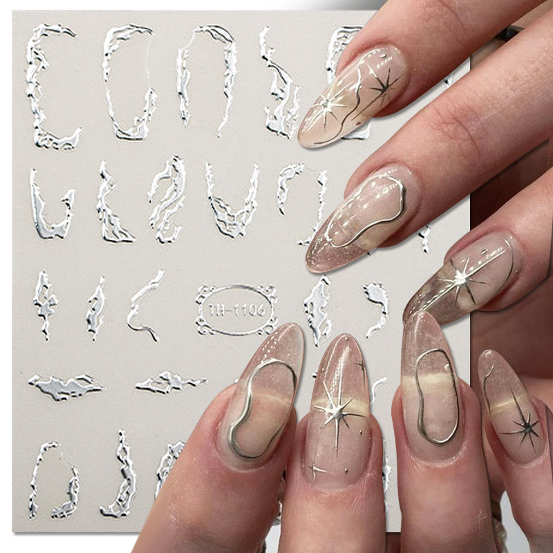 Golden Wave Line 3D Nail Sticker Marble Blue Geometry Abstract Nail Art Sliders Silver French Liner Decals Manicure Decorations