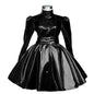 Plus Size Sweet Girl Mini Dress PVC Leather High Neck Button Pleated  A-line Dress Preppy Style Back Zipper Long Sleeve Dress