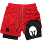 Men's Spartan Helmet Print Double Layer Gym Shorts, 2-in-1 Athletic Workout Running Casual Streetwear Short Pants WX099