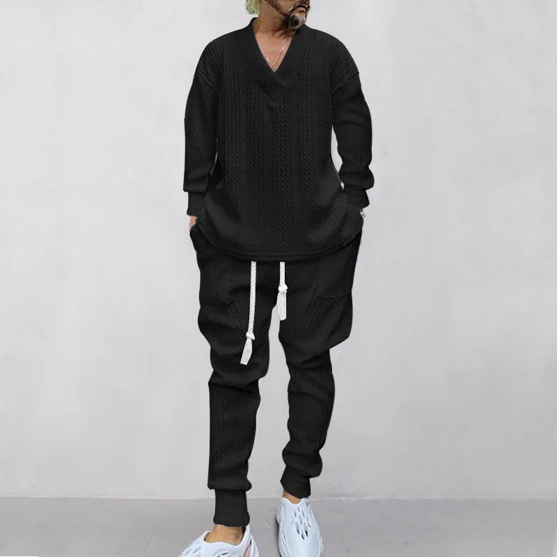 2025 Cross-border New Men's Casual Trousers V-Neck Versatile Jacquard Knitted Sweater Set
