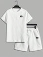 Men's Textured Letter Patched Round Neck Tee & Drawstring Shorts Two-Piece Set Regular Fit Casual Short Sleeve T shirt & Shorts